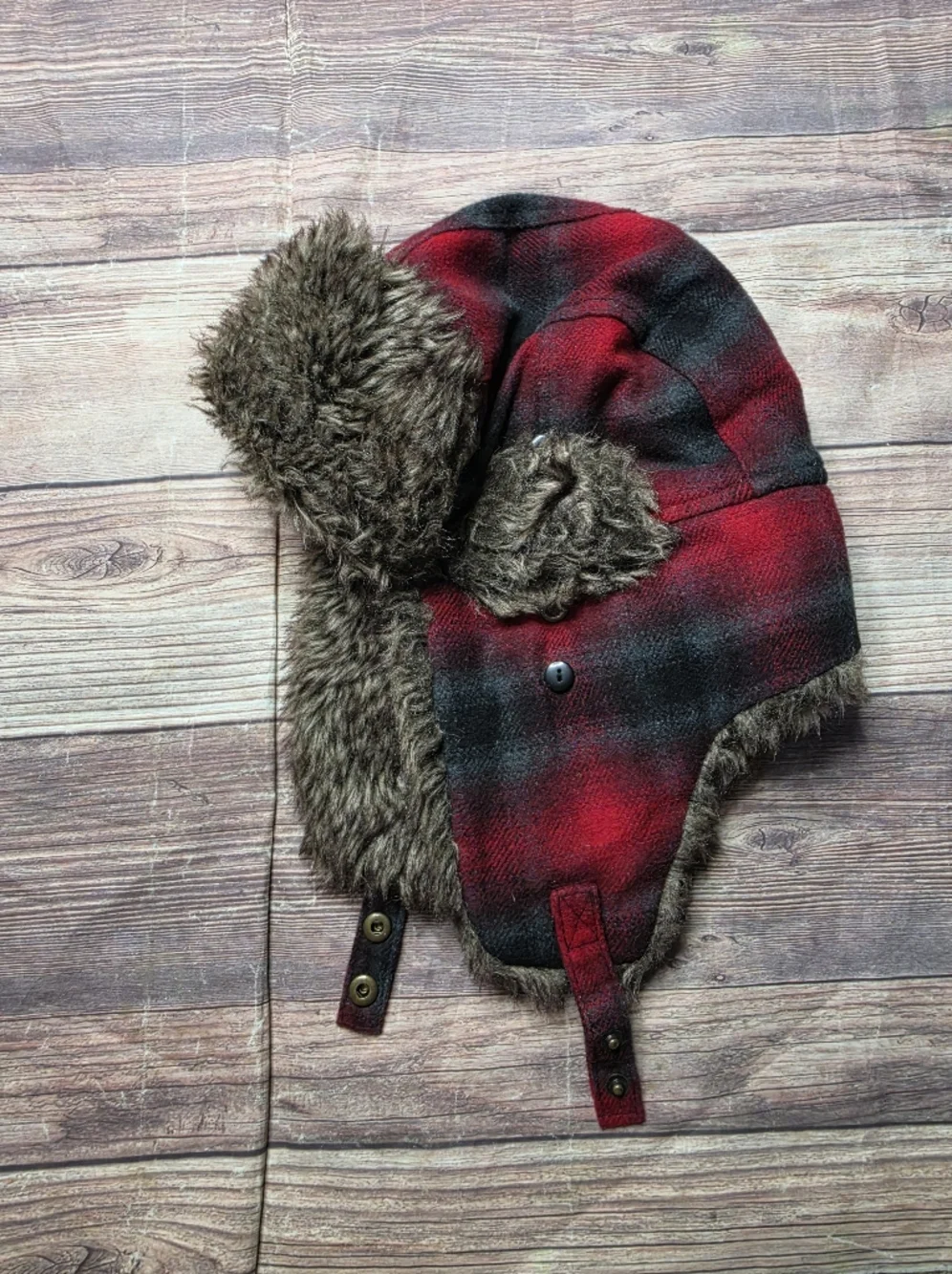 5/$15 Red Plaid Faux Fur Aviator Hat